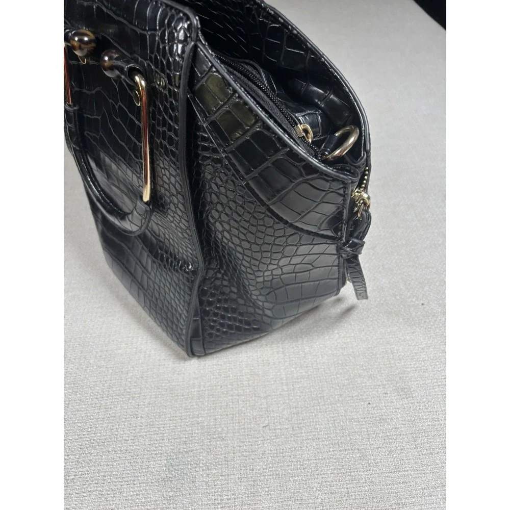 Black Croc Embossed Satchel Handbag Gold Hardware Top Handle Purse